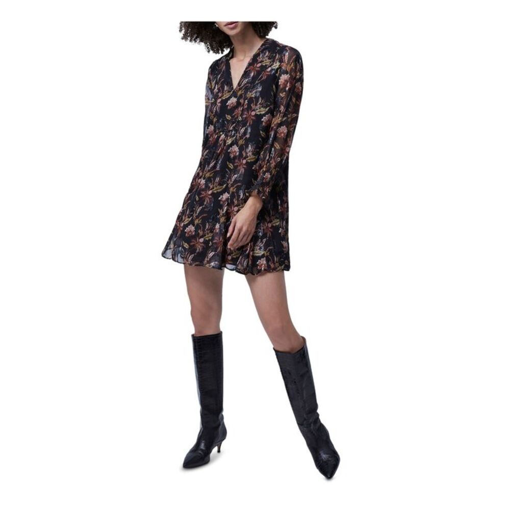 FRENCH CONNECTION Womens Black Smocked Long Sleeve V Neck Short Shift Dress XS